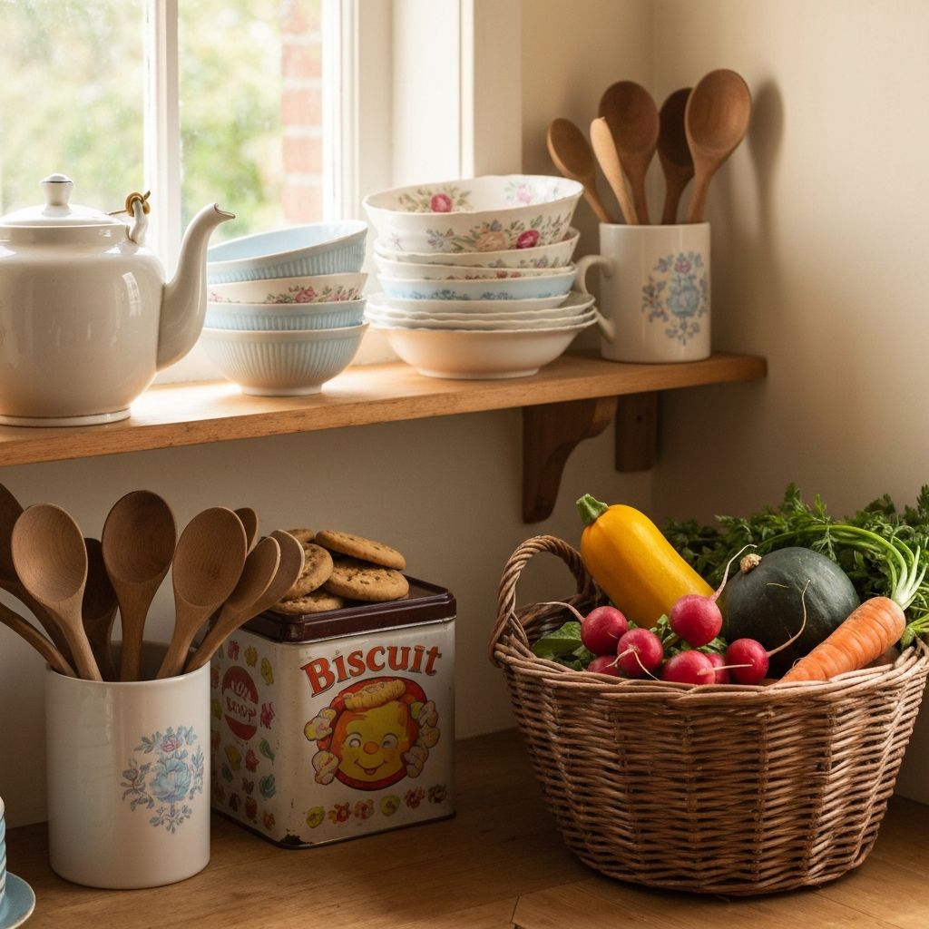 Typical British kitchen shelf with teapot and bowls